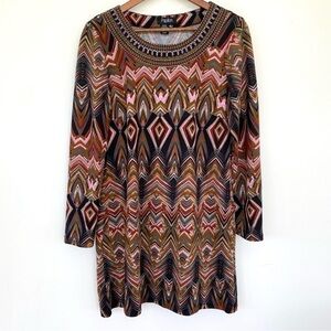 Papillon jersey knit dress with crew neckline and long sleeves,  popover